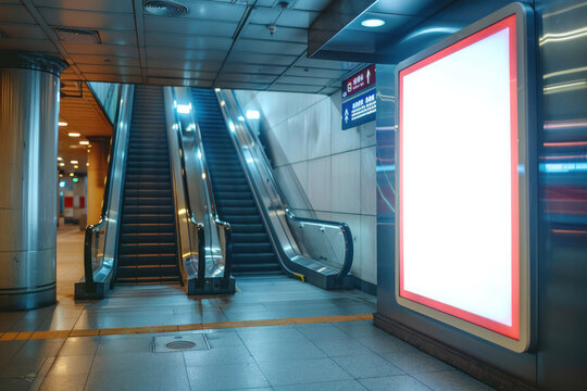 An inviting subway station entrance with a brightly lit advertisement display panel, indicating a point of transit and potential marketing reach