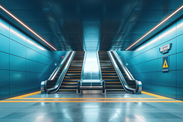 Immaculate subway station escalator, captured with crisp blue lighting that conveys a modern and futuristic transit environment