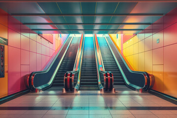 An escalator with neon-lit walls in a variety of warm colors creates a bold statement in this subway station