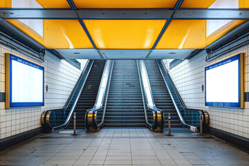 Bright yellow accents surround empty escalators in subway, highlighting the vibrancy of urban public transport