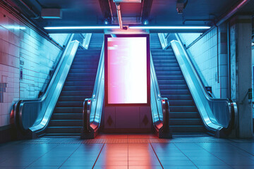 A neon-lit, modern subway station entrance suggests urban efficiency and technological advance The symmetrical composition enhances the visual impact