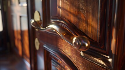 close-up of a shiny brown metal doorknob on a wooden door
