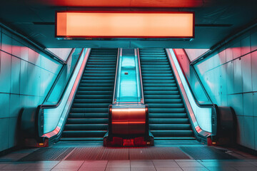 A bold red illuminated sign looms above empty escalators in a subway, suggestive of urban nightlife
