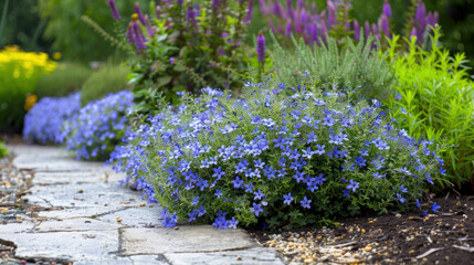 A stunning border plant, Edging Lobelia is a must-have for gardeners. Its charming, delicate flowers bloom profusely, creating eye-catching displays. - obrazy, fototapety, plakaty