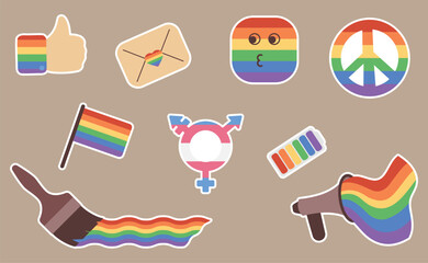 LGBTQ pride sticker pack. LGBT community rainbow elements set. Symbol of the LGBT pride community. Vector illustration hand drawn.