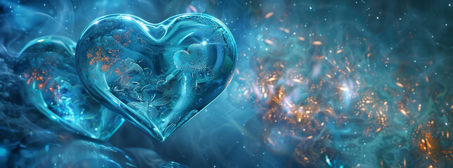 Shimmering blue heart in magical ambiance - obrazy, fototapety, plakaty
