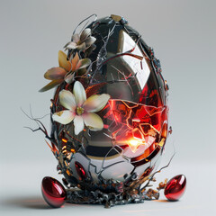 Fototapeta na wymiar Futuristic egg-shaped sculpture with flowers and gems