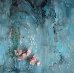  Retro pastel blue background with flowers and feather, for invitation card or message text.