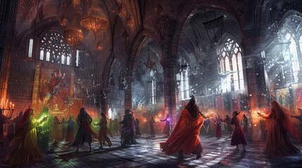 Magical masquerade ball in Gothic cathedral.