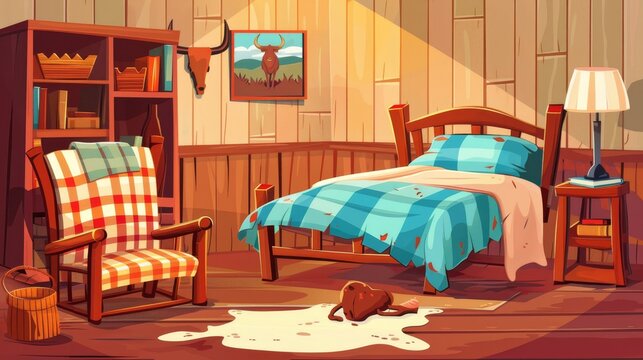 Various cartoon modern illustrations of a rustic wild west bedroom with an unmade bed and a plaid blanket, an armchair, a bedside table, a lamp, a bookshelf, a picture on the wall, and a cow hide