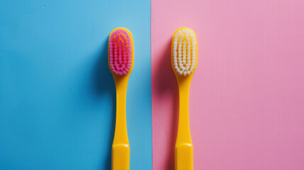Toothbrushes in cheerful colors, yellow and pink, lie on a vibrant dual-colored backdrop, waiting for your personal touch.