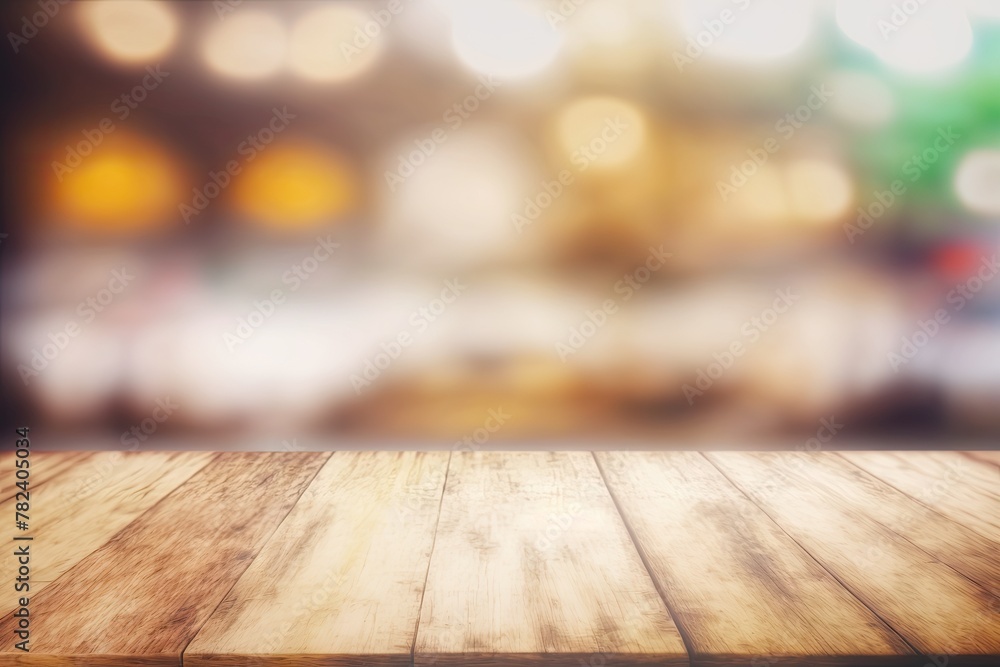 Aufkleber rustic wood table top with soft bokeh background generative ai