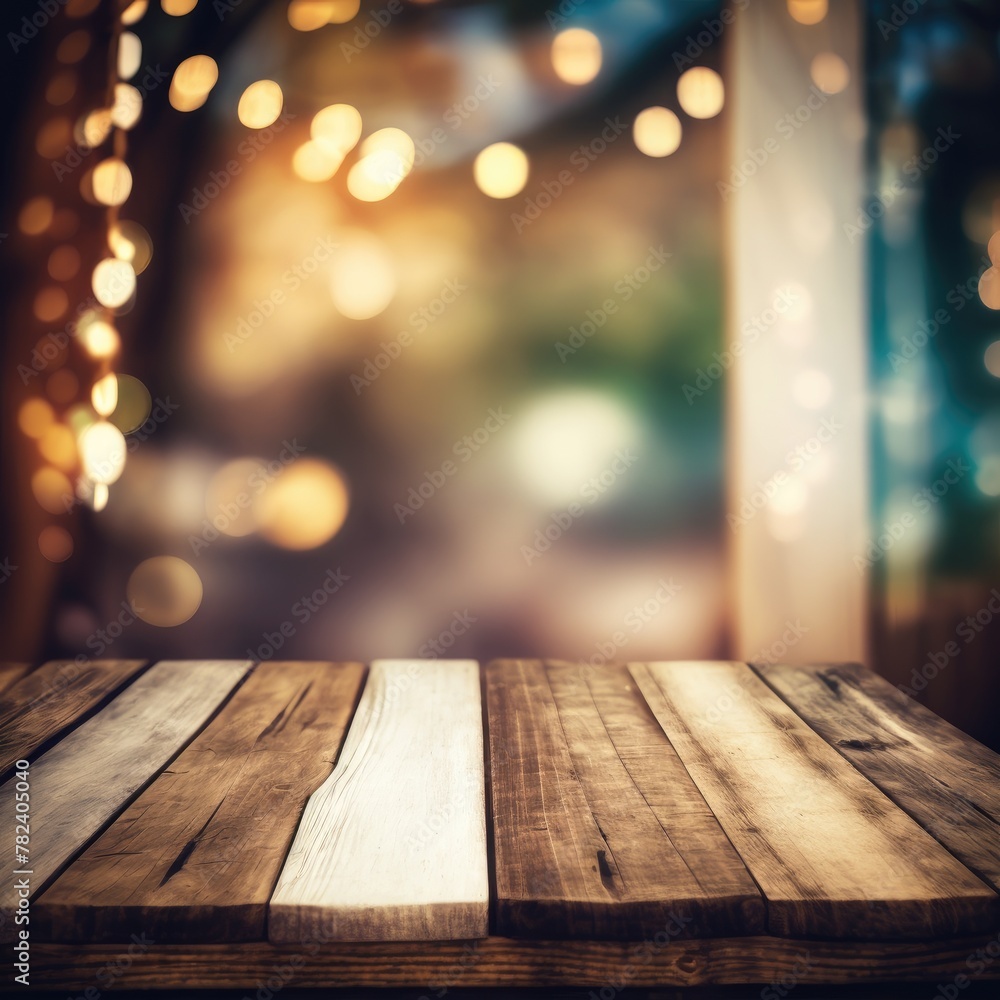 Poster vintage wooden table top with blurred bokeh background generative ai