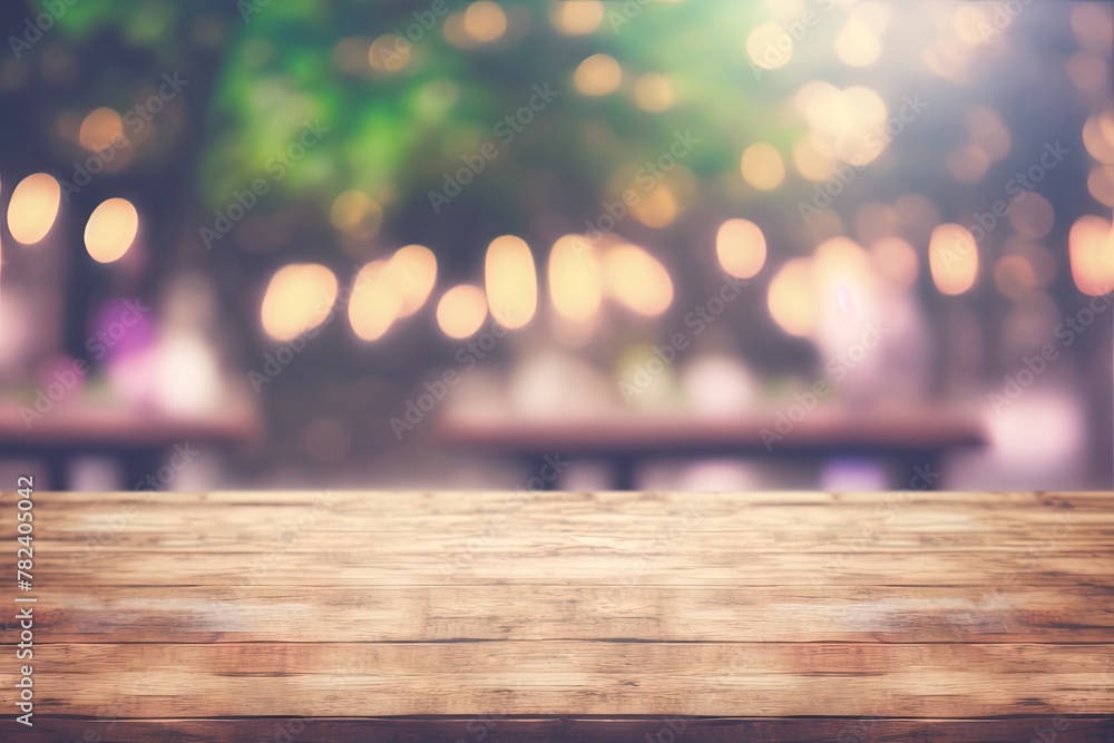 Poster rustic wooden table top and blurred bokeh wedding background with vintage filter generative ai