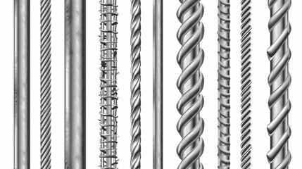 Stainless fittings isolated on white background. Modern realistic set of construction armature, smooth and deformed iron bars for cages, racks, and prison grates. - obrazy, fototapety, plakaty