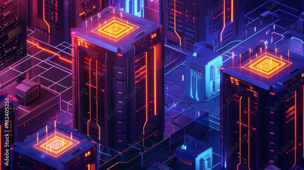 Poster this isometric landing page displays cyber data security, internet digital technology, blockchain, a