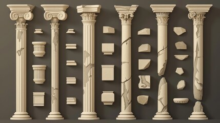 An ivory marble ancient classical architecture, stone Greece classic architecture, and an antique interior colonnade facade with a realistic 3D modern obelisks set. - obrazy, fototapety, plakaty