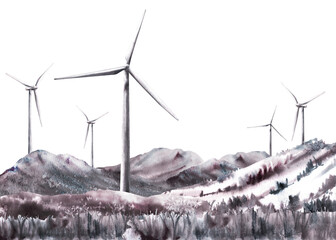 Monochrome landscape with windmills, wind turbine park on hills, mountain ranges and field. Hand drawn watercolor illustration. Alternative energy, environmental protection. isolated white background