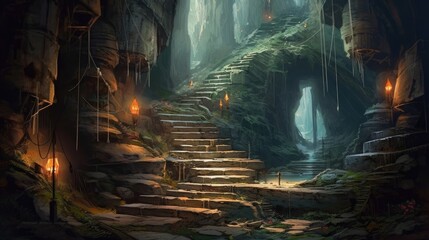 Fabled Mystery of the Deep Mountain Stone Cave Stairs Generative AI