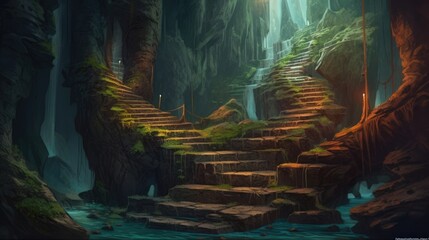 Mystical Stone Stairway to the Fabled Mountain Cave Generative AI