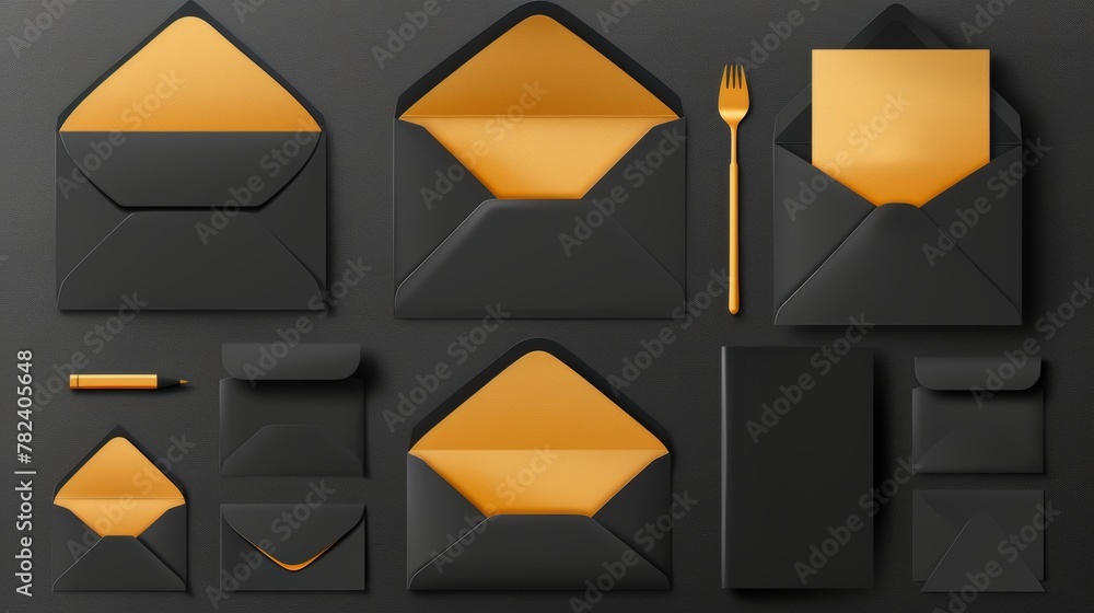 Poster set of black envelopes with different sizes and shapes of printed craft paper covers, letter package