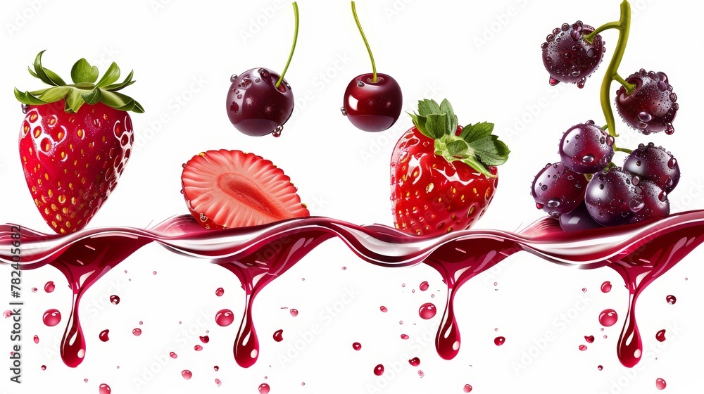Poster splash of red juice or wine isolated on transparent background. modern realistic wave of strawberry,