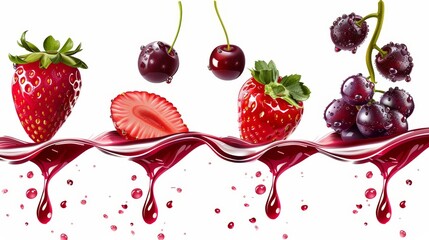 Splash of red juice or wine isolated on transparent background. Modern realistic wave of strawberry, grape, or cherry juice flowing horizontally through a container. - obrazy, fototapety, plakaty