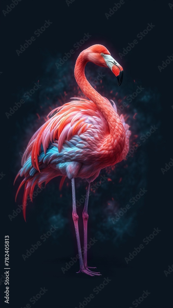 Poster vibrant flamingo abstraction on dark canvas generative ai