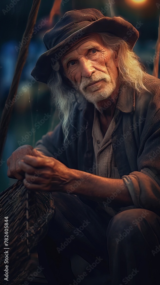 Poster skilled fisherman casting net in idyllic coastal setting generative ai