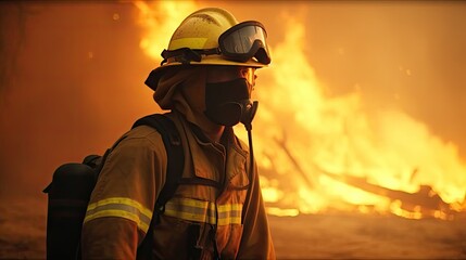 Heroic Firefighter Battling Raging Wildfire Generative AI - obrazy, fototapety, plakaty