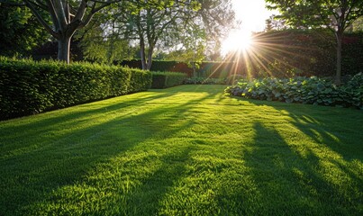 Beautiful green lawn with lush grass in the garden at sunset, golden sunlight filtering through green trees