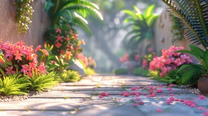 Lush Tropical Garden Pathway with Vibrant Flowers and Foliage Reflecting in Serene Pond - obrazy, fototapety, plakaty