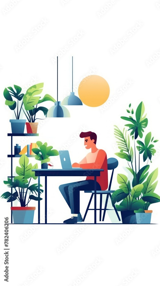Poster minimalist workspace with computer and greenery generative ai