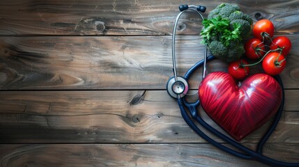 Top view stethoscope with healthy food in heart shaped for diet at wooden board. AI generated image
