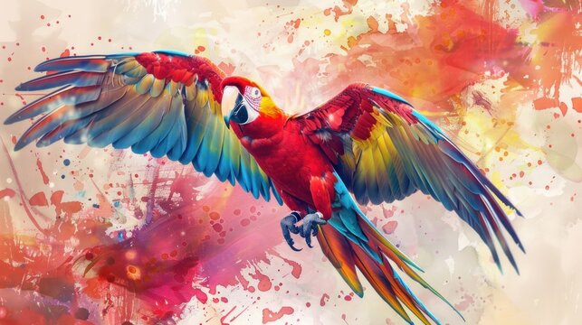 3d illustration of colorful watercolor a parrot bird flying with paint splashes style. AI generated