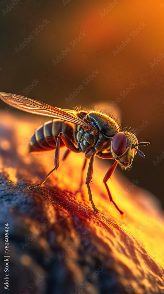 Poster captivating close-up of a flying insect during golden hour generative ai