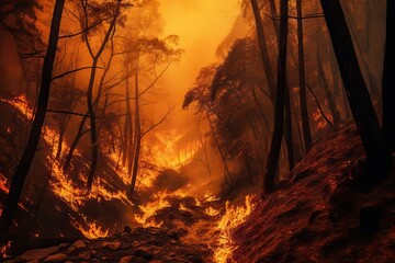 Raging Wildfire Engulfing Dense Forest Generative AI - obrazy, fototapety, plakaty