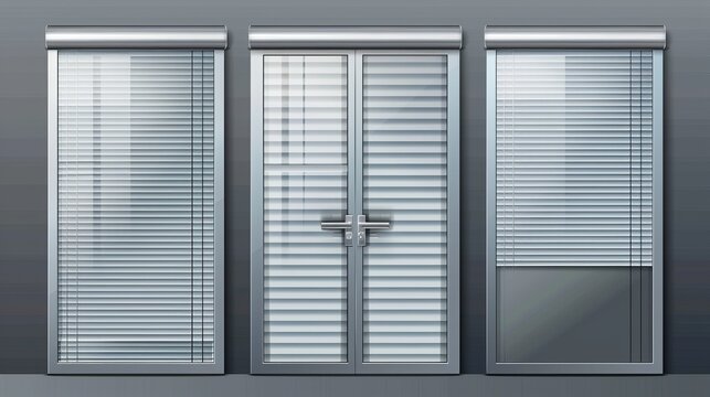 Isolated on transparent background, a glass door or tall window with rolling shutters. White metal blinds for an office or store facade.