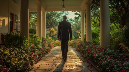 A man in a suit strolls down a brick walkway surrounded by plant life and trees