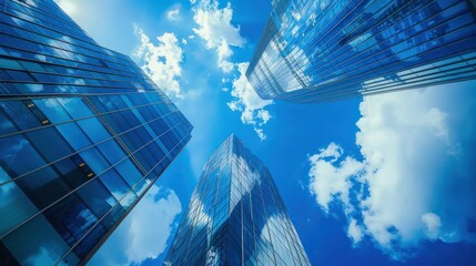 Modern blue office buildings of skyscrapers with glass wall at blue sky background. AI generated