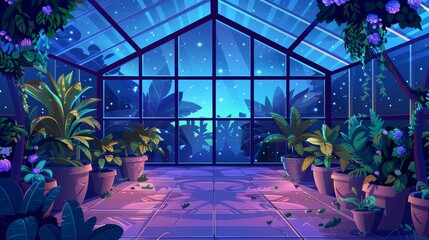 Illustration of greenhouse interior at night with potted plants, garden with empty potted plants, large dark orangery with glass walls, windows, roof and stone floor, place for growing flowers. - obrazy, fototapety, plakaty