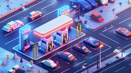 Fuel filling station banner with isometric illustration of vehicle, oil pump, character with canister and credit card on a modern landing page. - obrazy, fototapety, plakaty