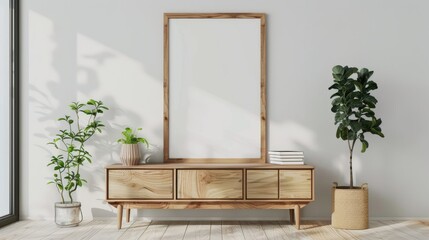 wooden photo frame mockup with beige vase with eucalyptus. rendering 3d