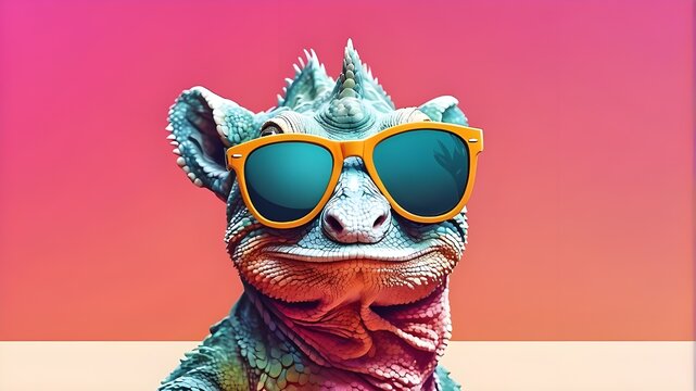 Funny chameleon with sunglasses in a studio setting with a vibrant and colorful background
