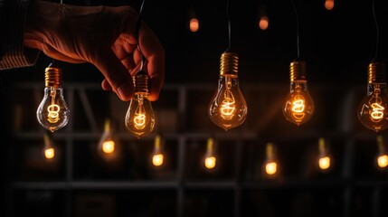 Human hand holding one of many glowing light bulb on dark background. AI generated image