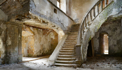 An old abandoned mysterious building with stairs leading to the first floor and illuminated by sunlight that gives a warm atmosphere to the whole place