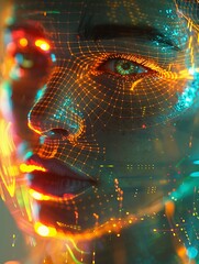 AI Artificial intelligence interacts with a holographic interface under a spotlight, illustrating the fusion of cutting-edge technology, innovation.