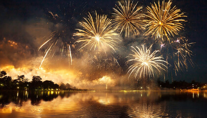 golden fireworks illuminate the night sky, celebrating joyous occasions like anniversaries, New Year's, and festive holidays