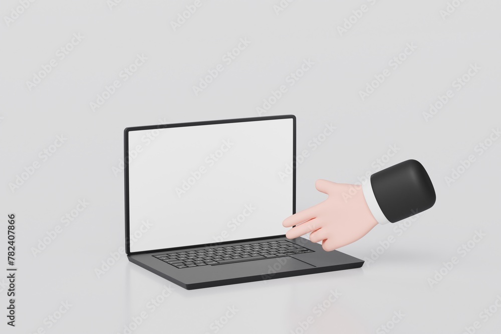 Poster 3d computer laptop device with hand on keyboard button. typing on notebook. minimal laptop with empt