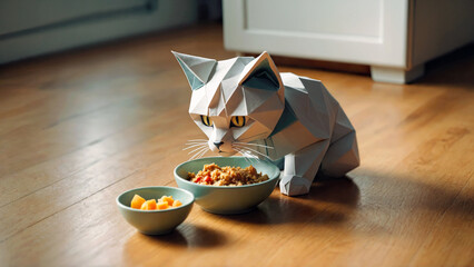 Adorable origami paper kitten eating pet food from feeding bowl at home. Children's book illustration.
